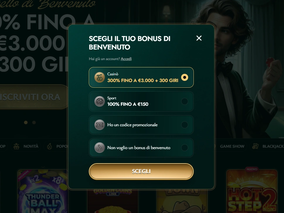 Finestra di scelta del bonus di benvenuto con offerte Casinò e Sport e pulsante Scegli