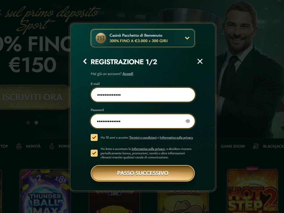 Modulo di registrazione con campi e-mail, password e caselle di consenso